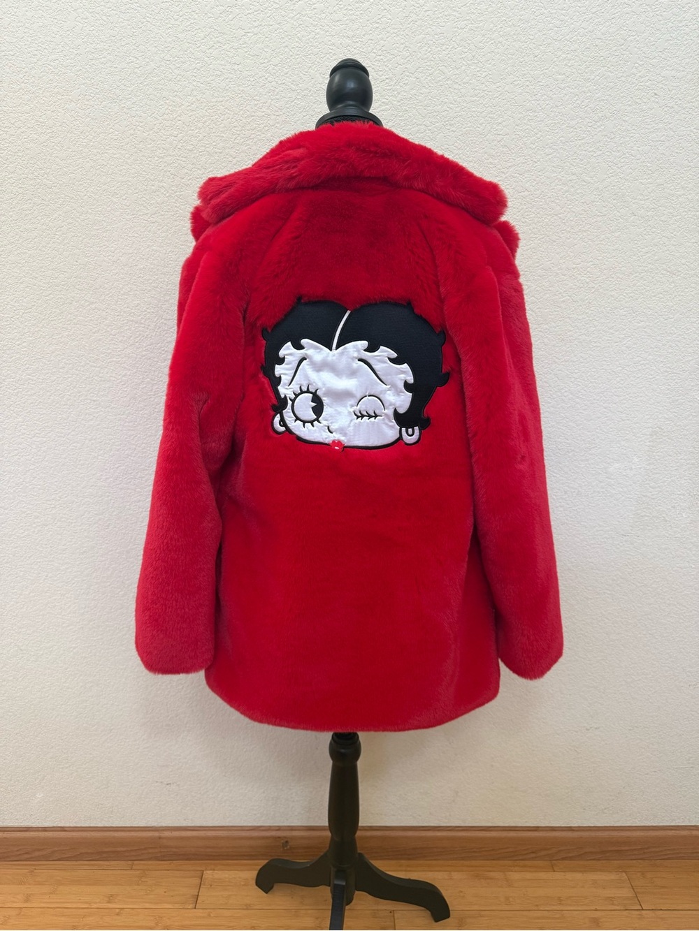 Dolls Kill Red Faux-Fur Coat with Betty Boop Patch